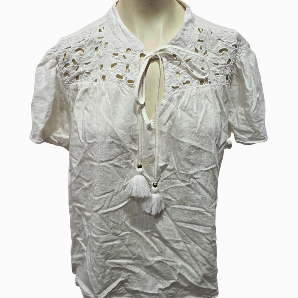 Knox Rose Womens 2XL White Solid V-Neck Tie Tassel Embroidered Woven Blouse